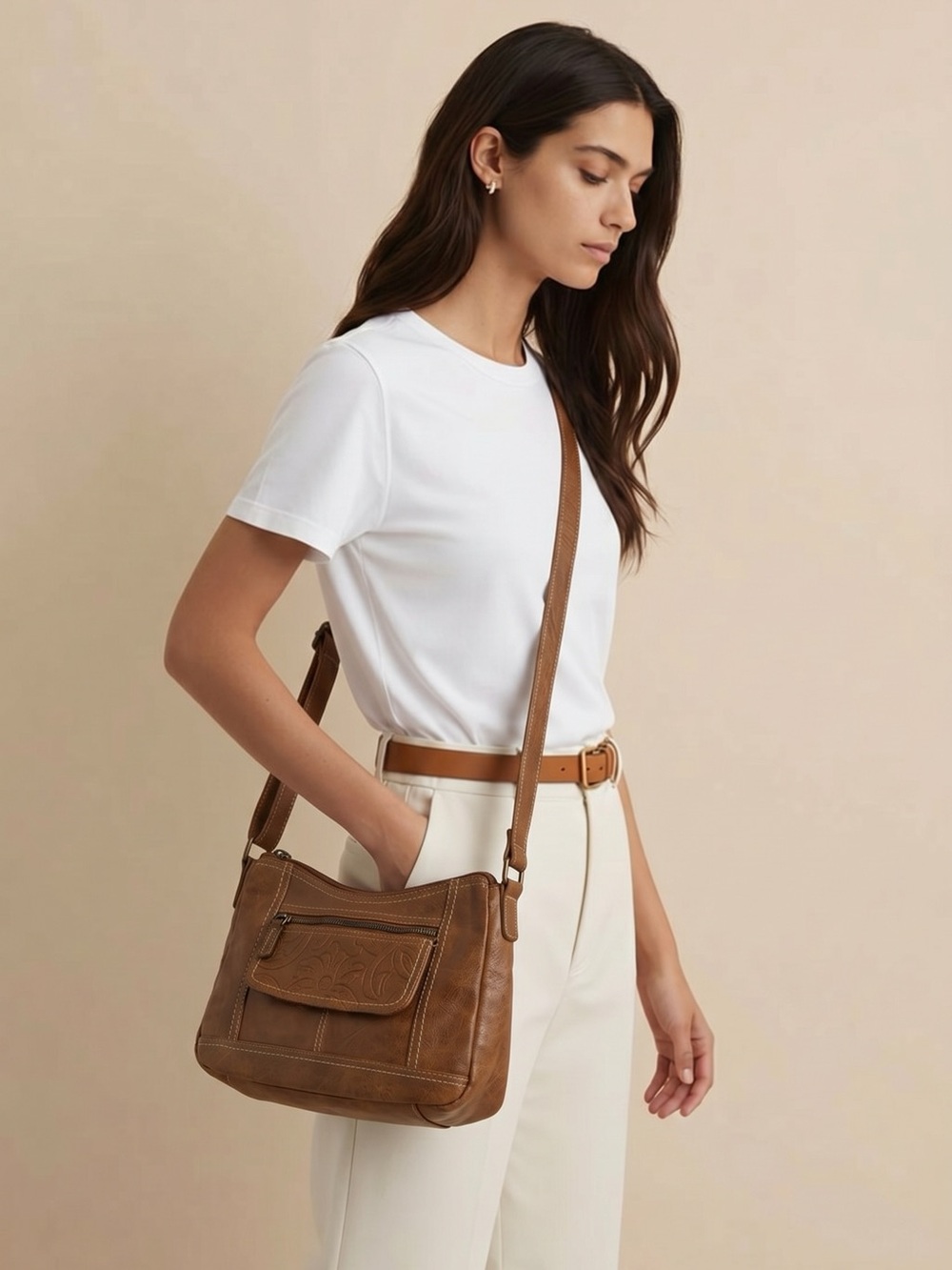 boc Tan Leather Crossbody Bag with Front Pocket